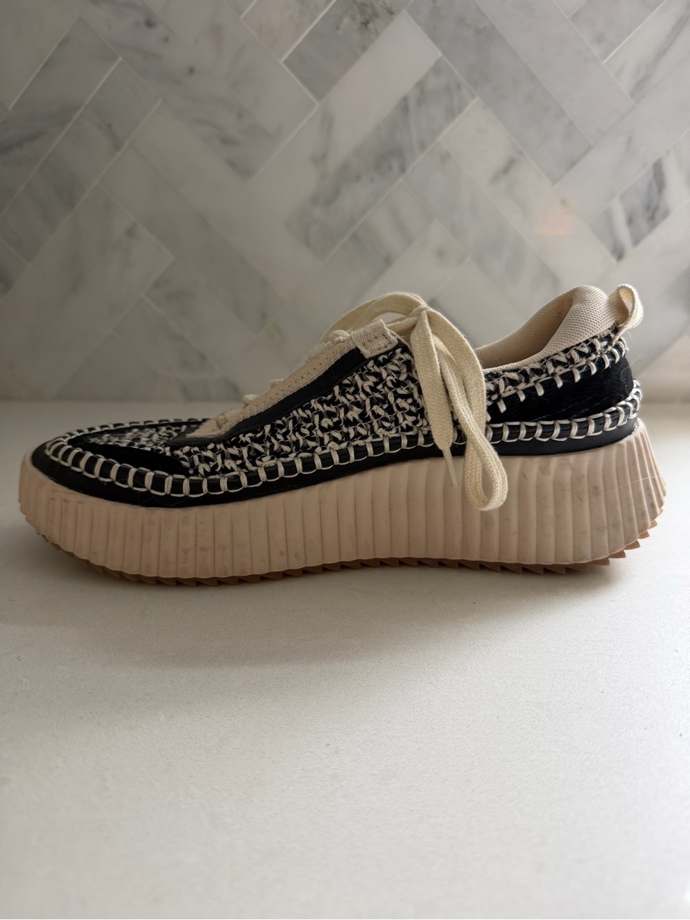 Dolce Vita Woven Platform Lace-Up Sneakers in Black & Cream - Picture 13 of 13